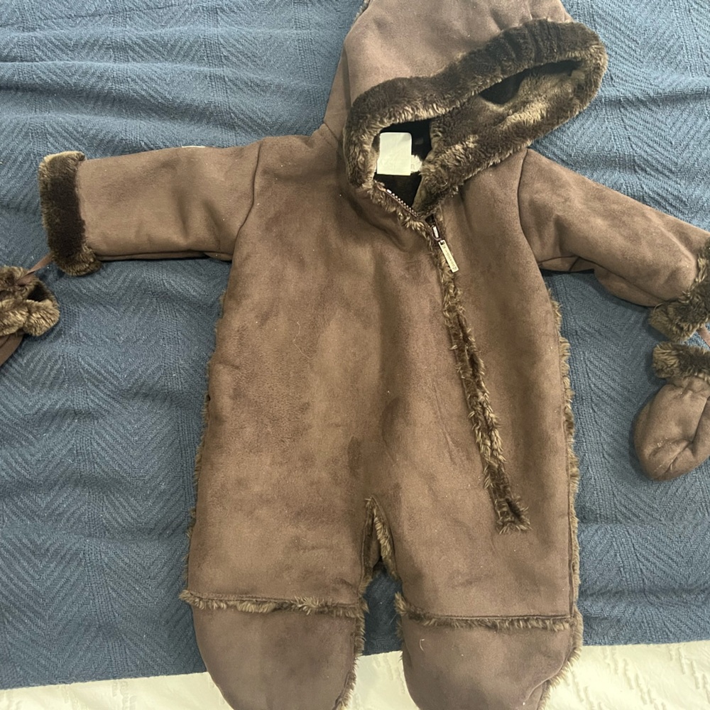 Widgeon brown faux fur lined baby snow suit.